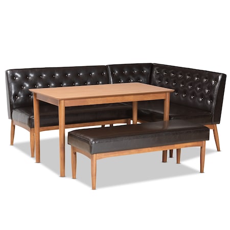 Baxton Studio Riordan Mid-Century Dark Brown Faux Leather and Walnut Brown Finished Wood 4-PC Dining Nook Set 186-11358-10552-9305-Zoro